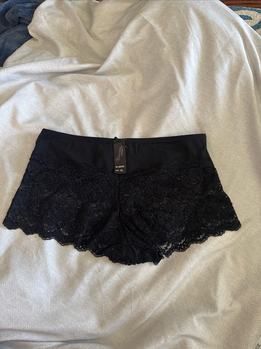 New Vision Intimates Sexy Black Lace Boyshort Panties Size XL Elastic Top Nylon